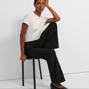 Theory black wool pants low rise wide flare hidden zipper deep pockets size 2